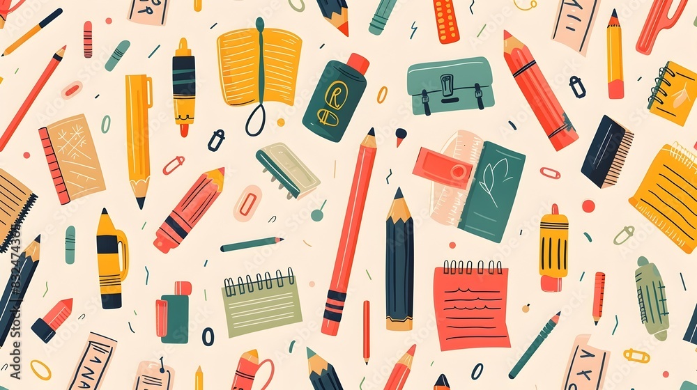 Whimsical Mosaic of Vibrant School Supplies in Scandinavian Flat Design for Cheerful Nursery or Children s Decor Whimsical Mosaic of Vibrant School Supplies in Scandinavian Flat Design for Cheerful Nursery or Children s Decor
