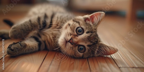 A beautiful cute tabby cat is lying on the wooden floor and looking with big eye photo