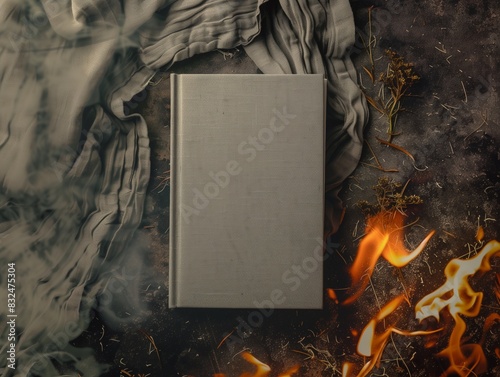 Mystical Book Surrounded by Fire and Smoke for Fantasy or Horror Themes  Perfect for Print, Poster, or Design