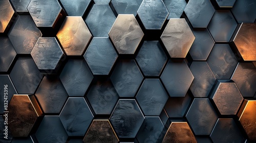 Geometric background with layered hexagons in earthy tones, creating a warm and organic feel