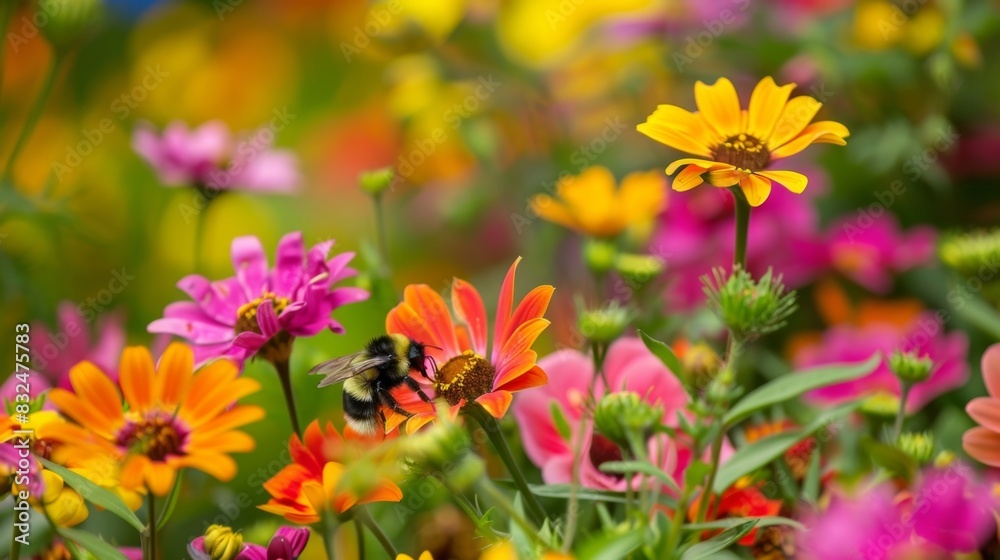 A bumblebee pollinating a colorful flower bed attracting beneficial insects to the garden. A bumblebee pollinating a colorful flower bed attracting beneficial insects to the garden.