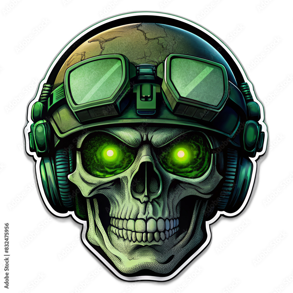Fototapeta premium Vintage sticker military logo with skulls in night vision goggle.