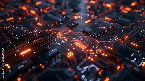 Glowing Futuristic Circuit Board with Interconnected Digital Patterns and Neon Illumination