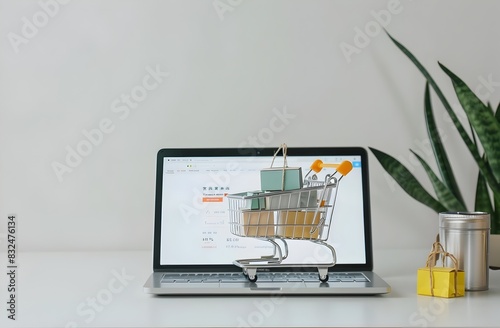 Laptop Showcasing Online Shopping Website and Miniature Supermarket Trolley with Paper Boxes photo