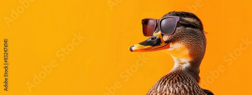 A duck wearing sunglasses on a solid orange background for advertising posters. photo