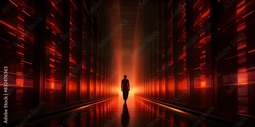 Silhouette of a Person Walking in a Red-Lit Futuristic Data Center Server Room. Concept Futuristic Technology, Silhouette Photography, Data Center Server Room, Red Lighting, Walking Person