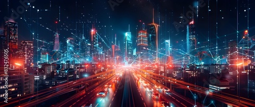 Nighttime Cityscape with Neon Lights and Digital Networks