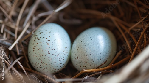 Two tiny white bird eggs in a nest containing small dove eggs