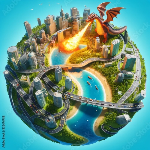 Miniature Planet with Fire-Breathing Dragon and Bright Sky photo