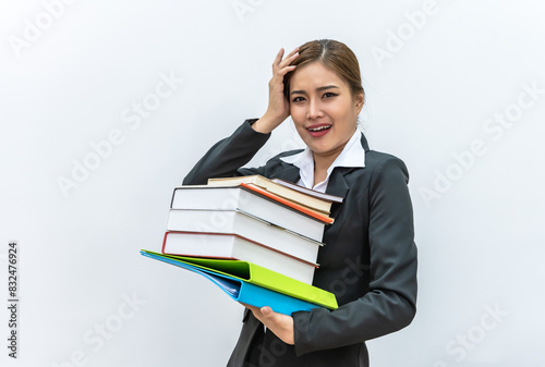 Portrait young Asian librarian holding stack of textbooks on white background