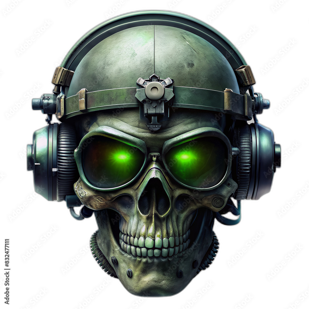 skull wearing night vision tactical helmet, suitable for t shirt, badge, logo design