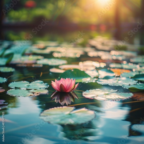a pond with water lilyand lily pad and blur soft light background