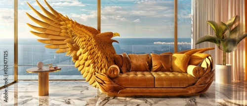 A sofa shaped like an golden color eagle