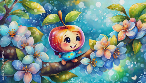 OIL PAINTING STYLE Cartoon character Harvest- Organic Ripe apple on Branches in a Sunny Fruiting Garden photo