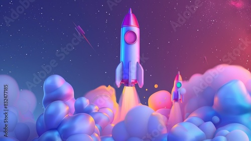 Cartoon space rocket depicted in a cold gradient line drawing