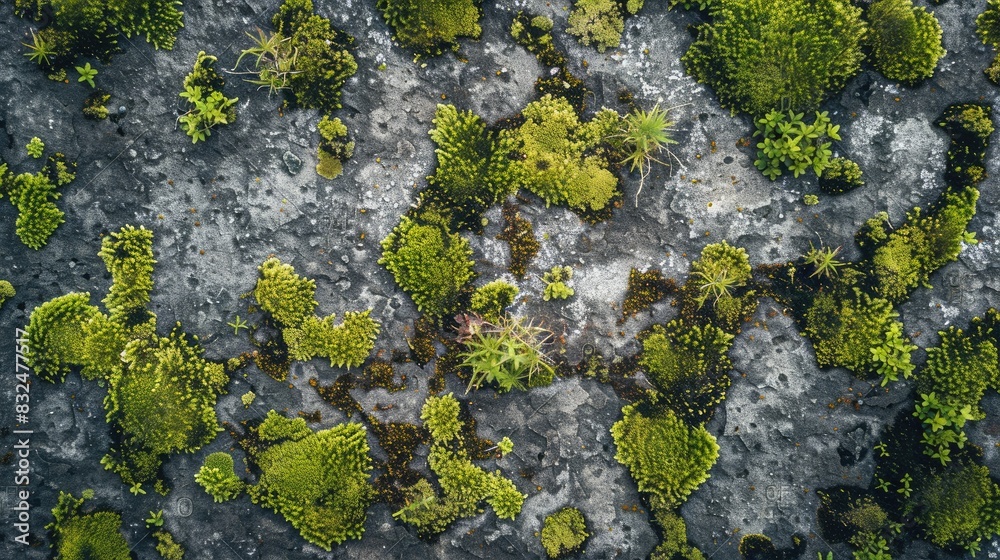 Close up aerial photograph of moss plants on the ground