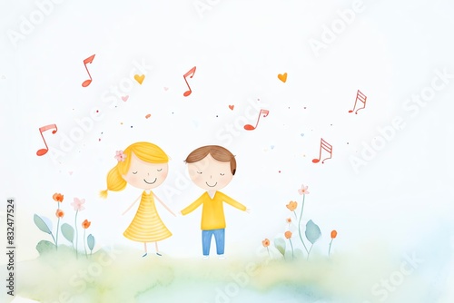 Joyful illustration of two kids holding hands amidst musical notes and flowers, symbolizing happiness and friendship.