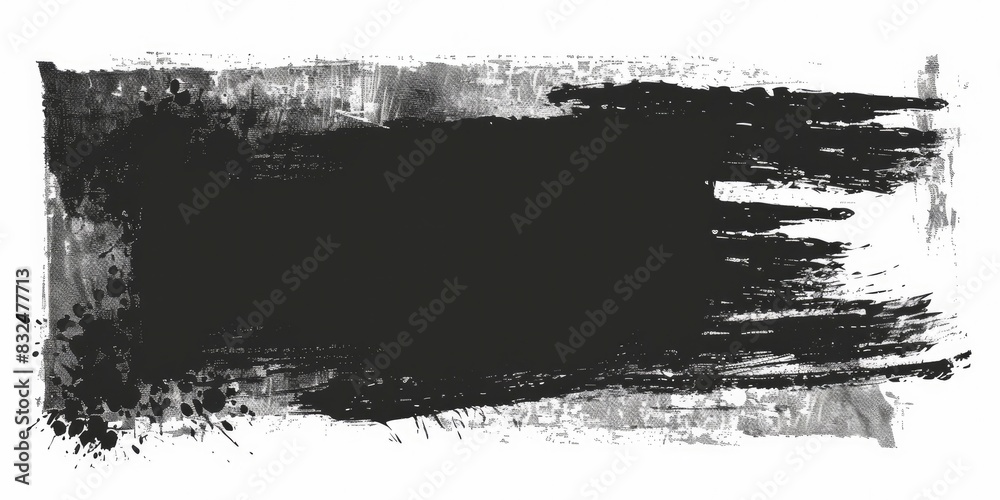 Black ink brush stroke background with empty space on white, hand drawn grunge border in rectangle shape