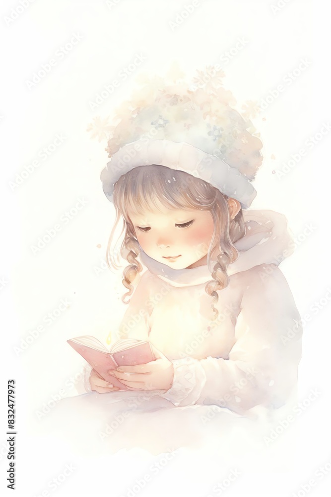 Soft watercolor illustration of a young girl reading a book, wearing a cozy winter hat. Perfect for children's book illustrations and winter themes. Soft watercolor illustration of a young girl reading a book, wearing a cozy winter hat. Perfect for children's book illustrations and winter themes.