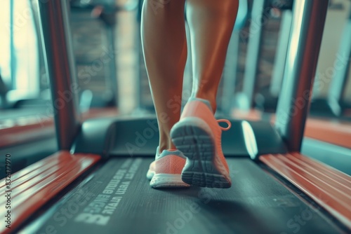 Close up of a womans legs in running shoes on a treadmill at the gym