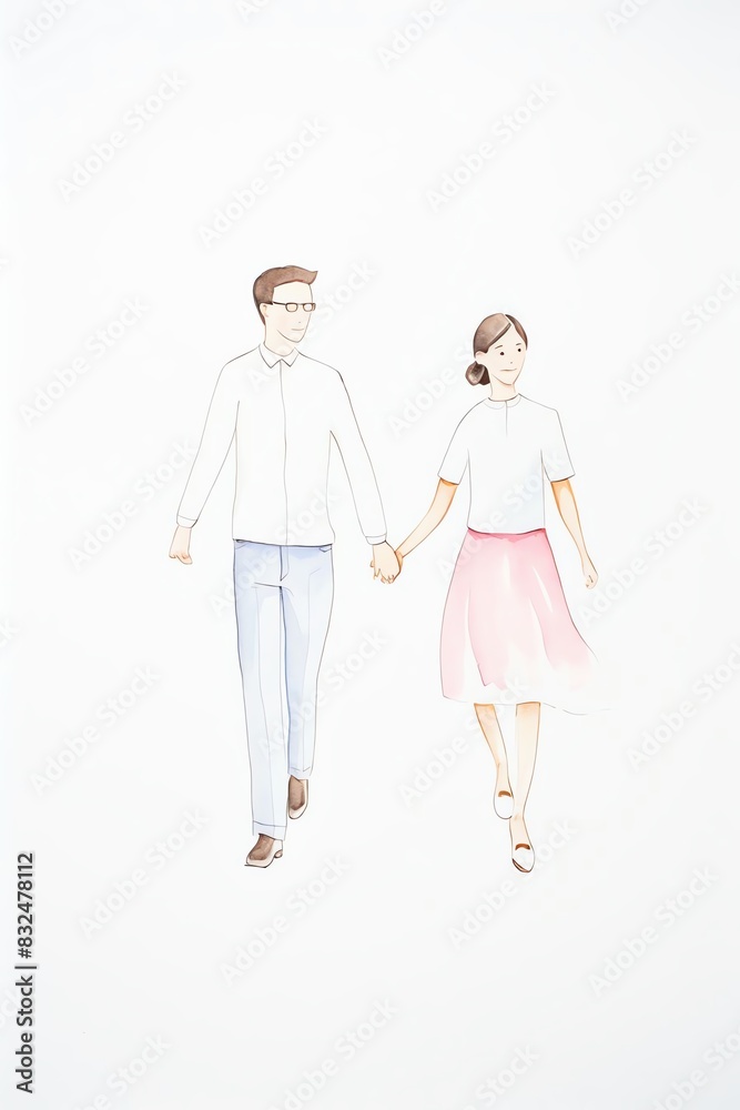 Watercolor illustration of a couple holding hands, walking together with love and happiness on a white background. Watercolor illustration of a couple holding hands, walking together with love and happiness on a white background.
