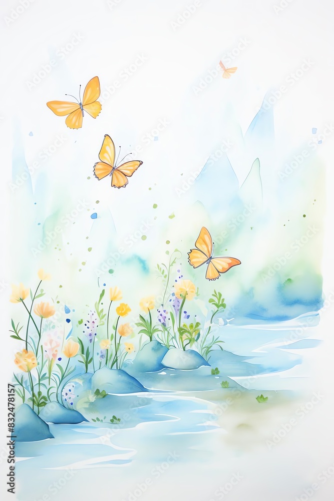 Watercolor illustration of butterflies over a serene flower garden and stream with soft colors and natural beauty.
