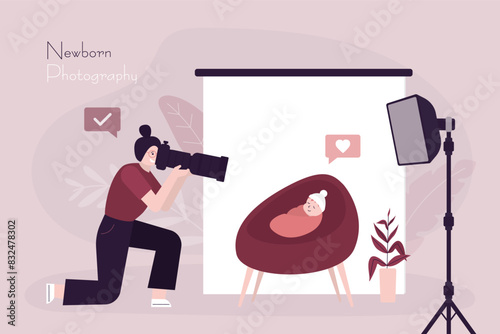 Newborn photographer concept. Woman with camera take photo of toddler. Paparazzi with light equipment near baby bed with infant. Memory about life and childhood