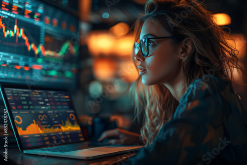 Businesswoman analyzing financial charts on her laptop, 3d render 