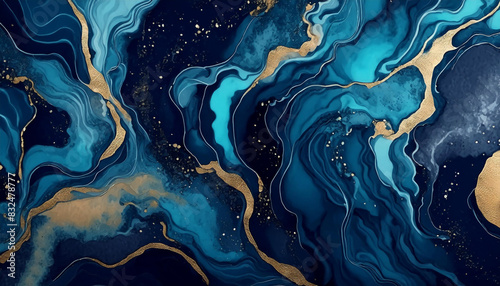 Blue marble and gold abstract background texture.  photo