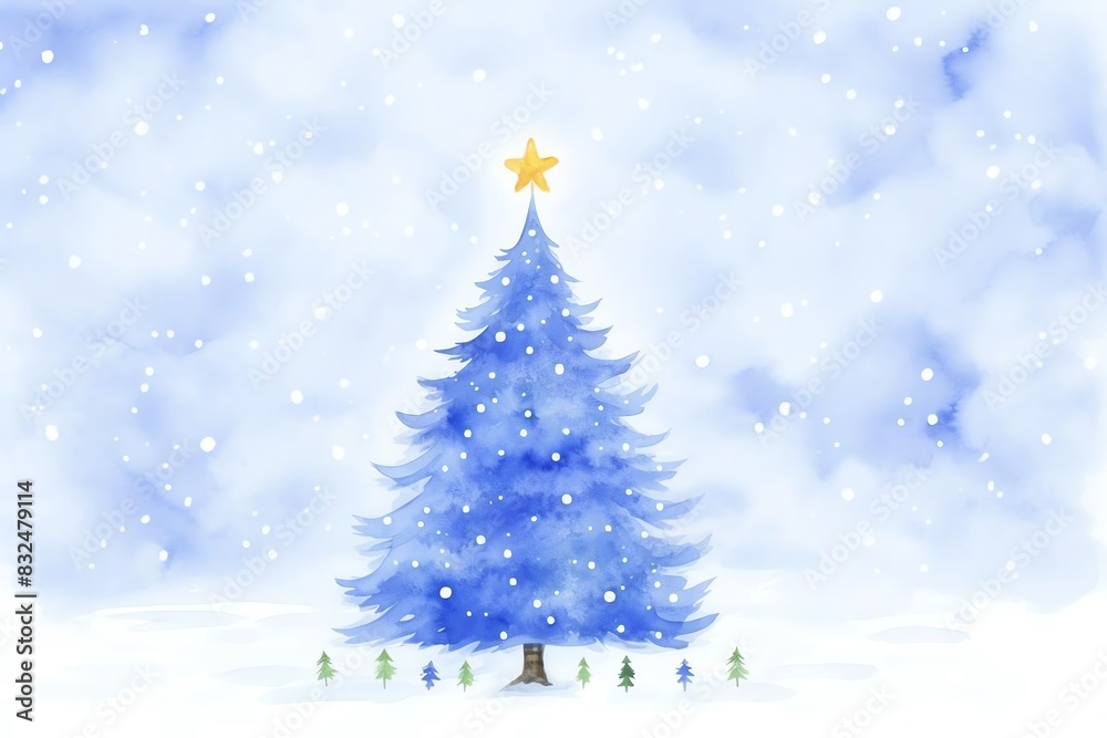 Beautiful watercolor Christmas tree with star, set against snowy background. Perfect for holiday artwork and seasonal greetings.