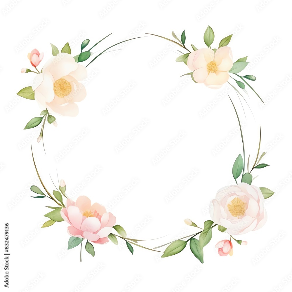 Beautiful watercolor floral wreath with delicate pink and white flowers, perfect for wedding invitations, greeting cards, and wall art.