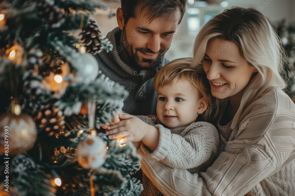 Family decorating a Christmas tree together