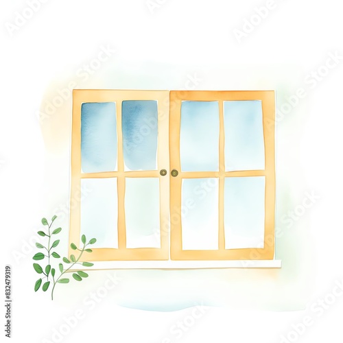 Bright watercolor illustration of a window with a leafy plant beside it  evoking a serene and cozy ambiance in a minimalist style.