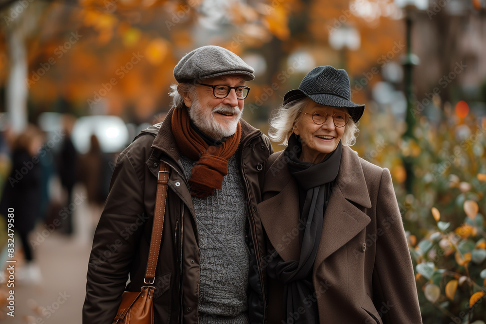 Happy elderly couple walking in the park Happy elderly couple walking in the park