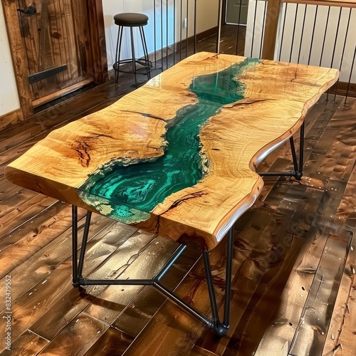 Wooden table with a turquoise resin river in the middle, hairpin legs design