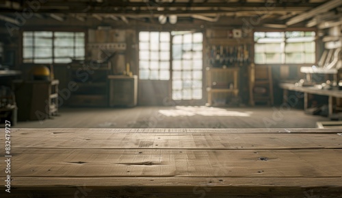 Rustic Wooden Table with Blurred Workshop Background