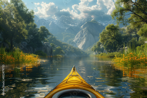 Kayaking on a serene lake, 3d render © Anna