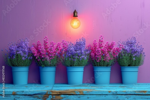 Vibrant purple flowers in blue pots against a pastel purple wall, illuminated by a warm light bulb, creating a colorful and cheerful floral display