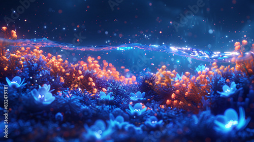 A nighttime aquarium scene with bioluminescent marine life gently glowing in the dark water