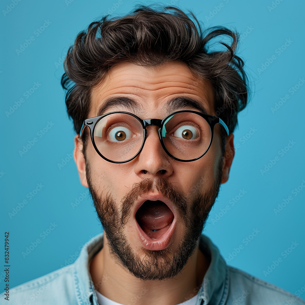 Person showing surprise and excitemen on a blue background 