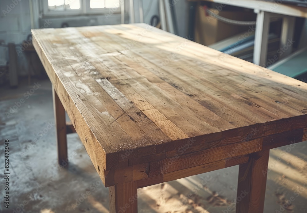 Rustic Wooden Tabletop in a Workshop