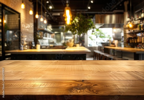 Empty wooden table in a cozy restaurant