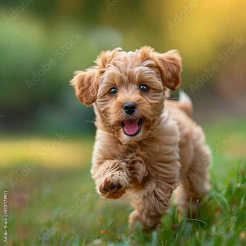 Playful puppy running on a grassy field © Anna