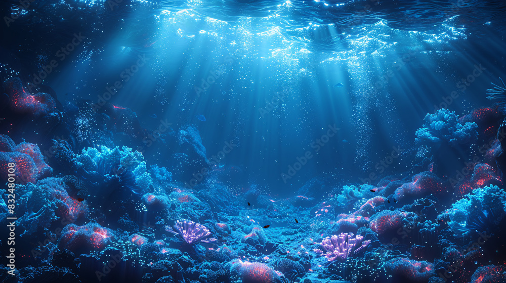 Fototapeta premium A nighttime aquarium scene with bioluminescent marine life gently glowing in the dark water