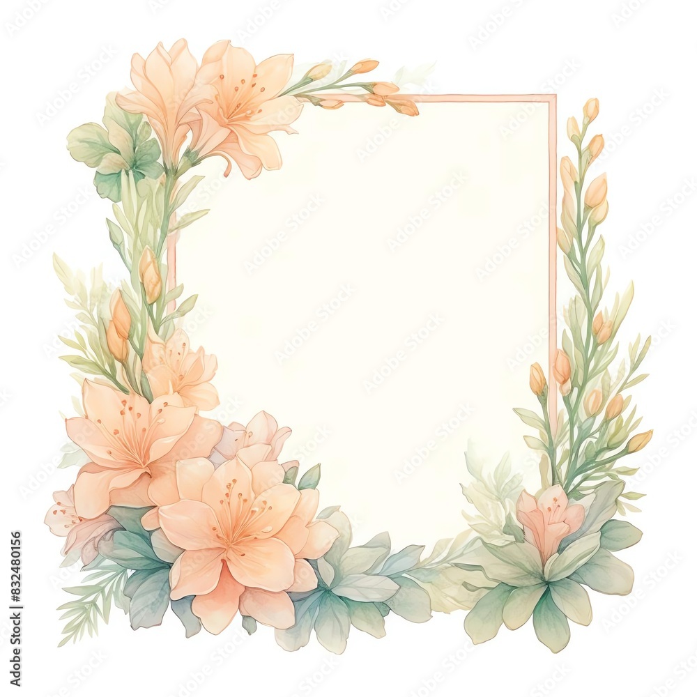 Elegant floral frame with soft pastel flowers and greenery, perfect for invitations, greeting cards, or decorative projects.