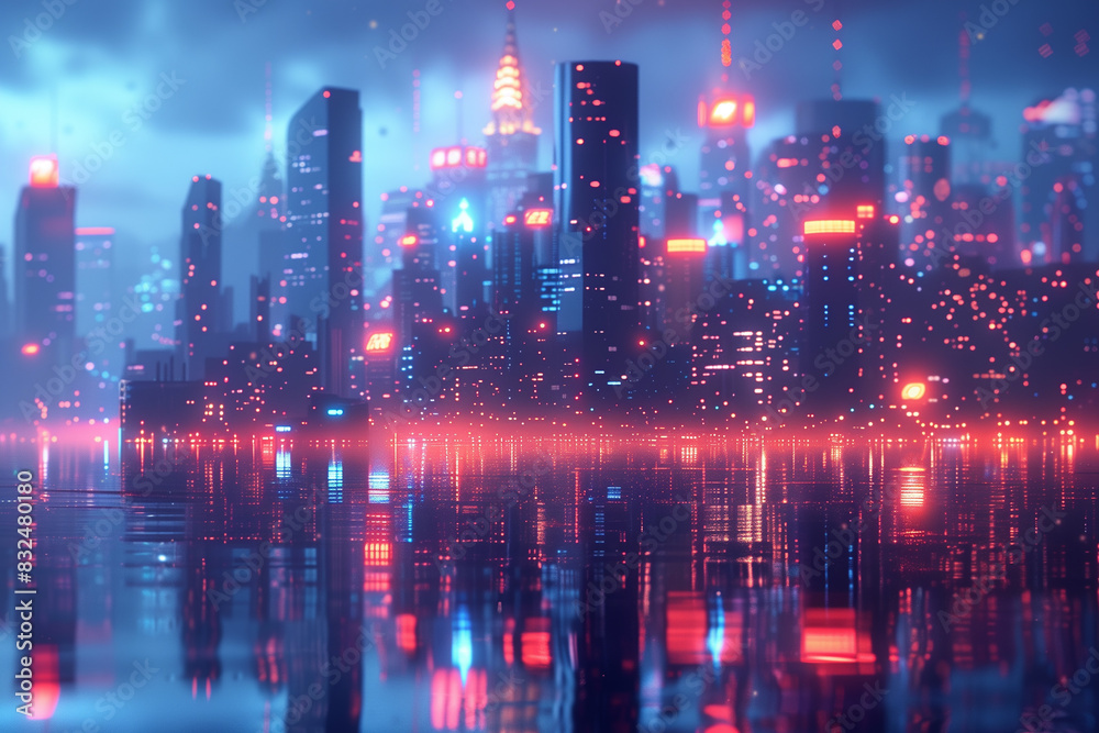 Skyline of a modern city at night, 3d render Skyline of a modern city at night, 3d render