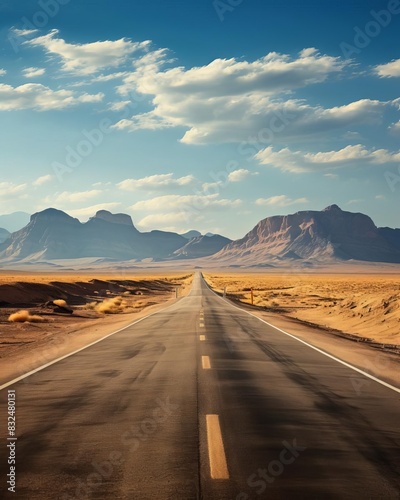 Long stretch of black asphalt road disappearing into the horizon focus on endless journey, dynamic, blend mode, desert backdrop photo