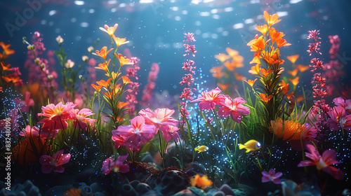 A nighttime aquarium scene with bioluminescent marine life gently glowing in the dark water