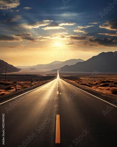 Long stretch of black asphalt road disappearing into the horizon focus on endless journey, dynamic, blend mode, desert backdrop