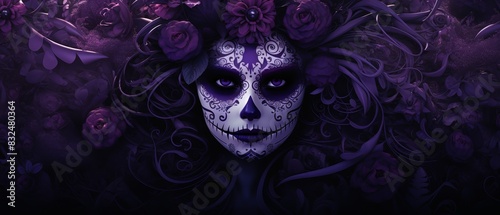 Abstract Dia de los Muertos design, intense black with deep purple accents, modern and striking